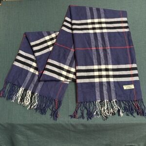 Burberry 100% Cashmere Scarf White Blue Red Made in Scotland Fringe